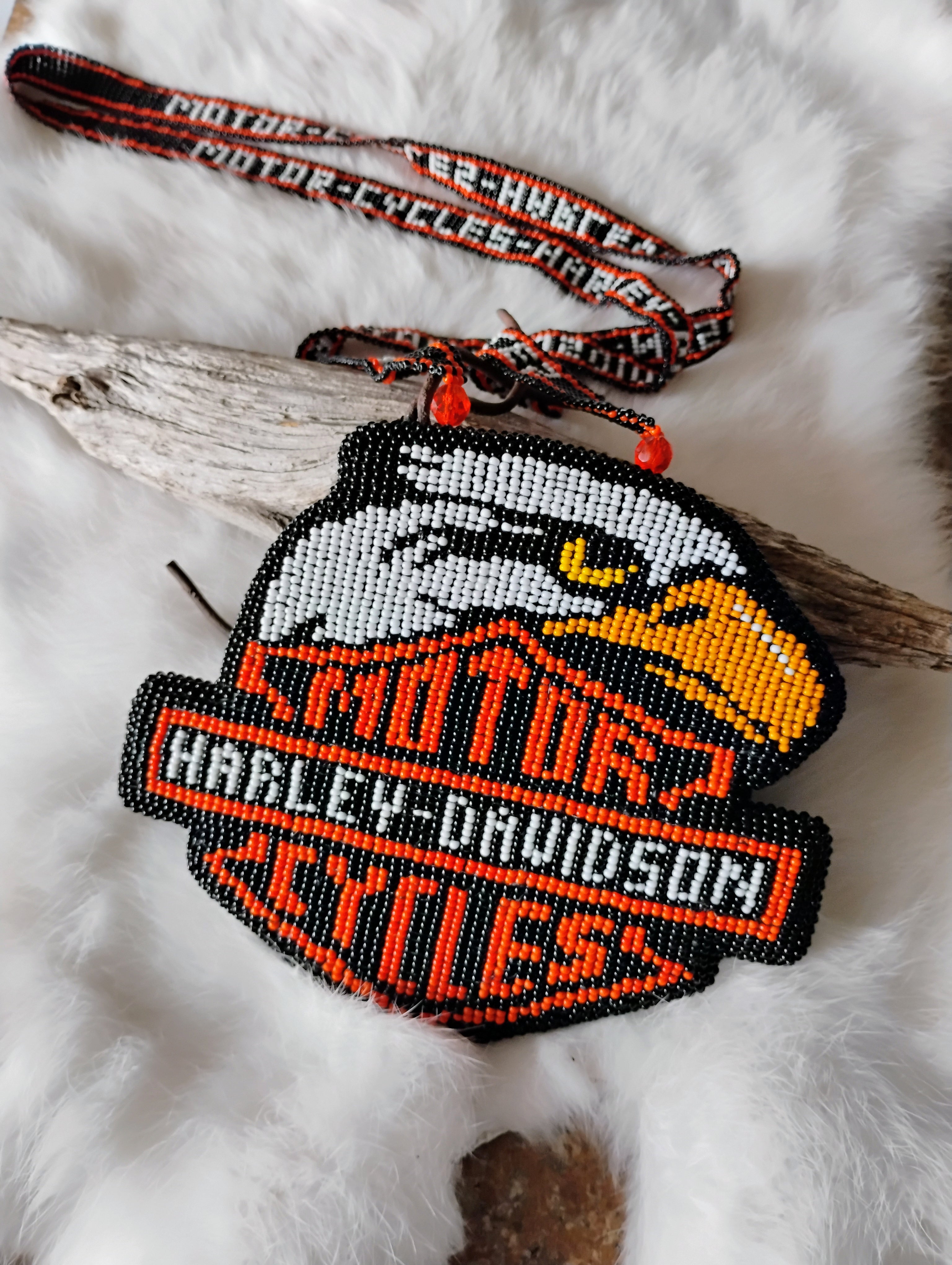 Hand beaded Harley Dadison emblem on lanyard
